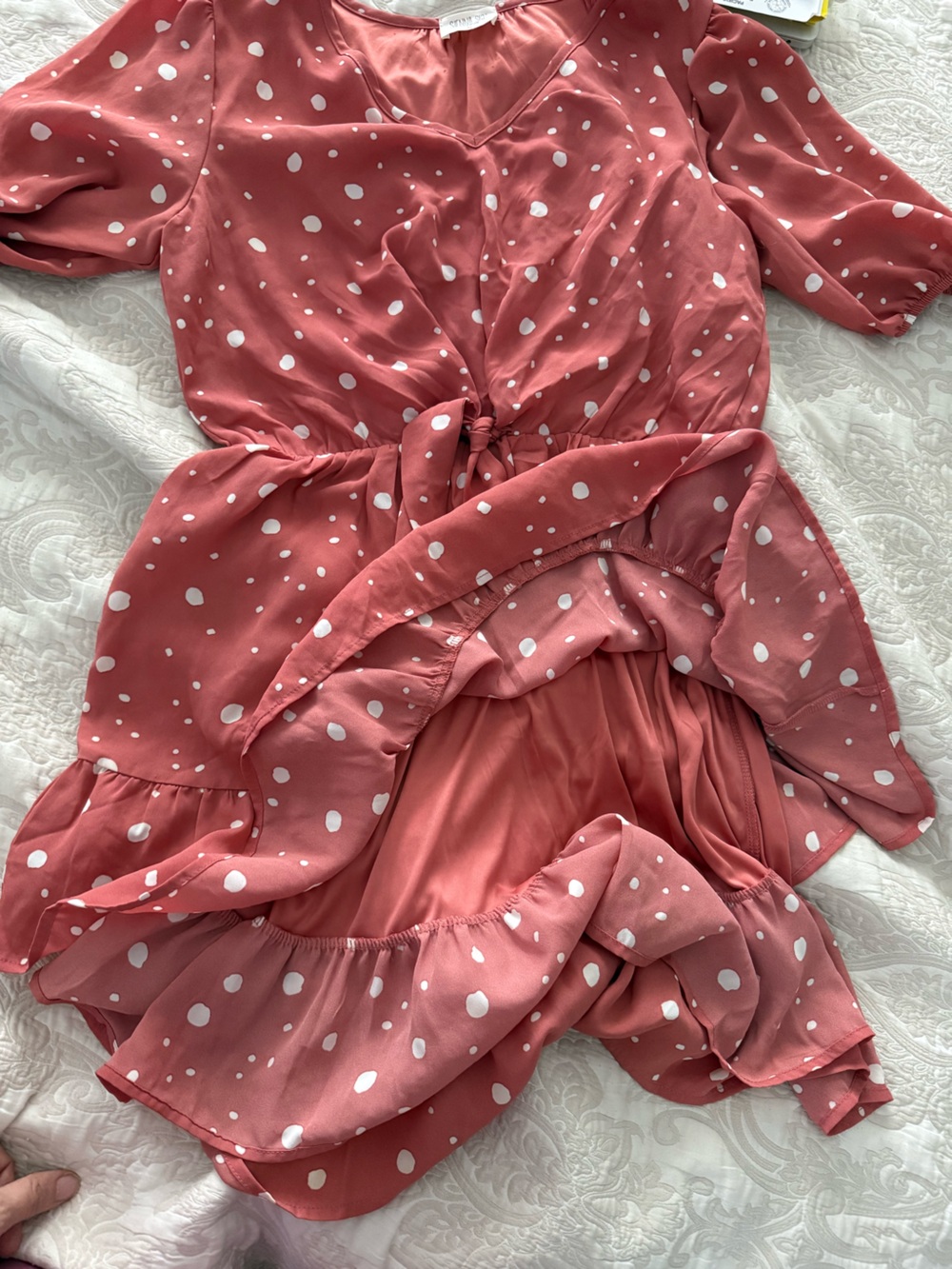 Sienna Sky Deep Blush & White Polka Dot Tie Waist Mini Dress / Puff Sleeve / - Picture 3 of 7